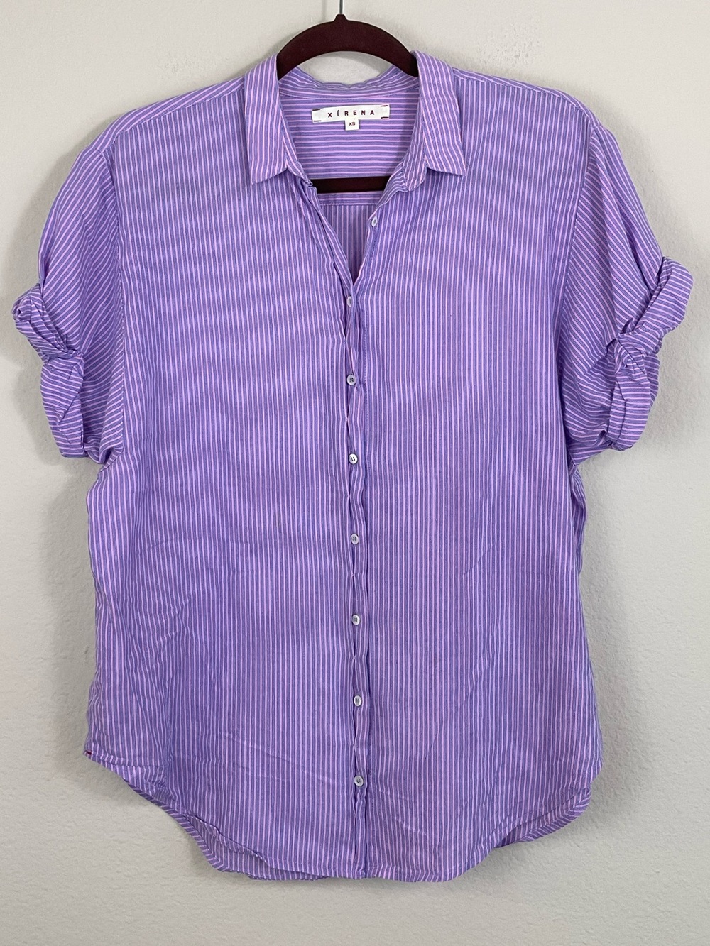XiRENA Pink and Blue Striped Channing Shirt Roll Short Sleeves Size XS